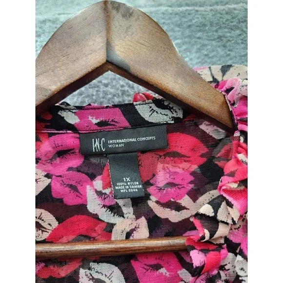 INC International Concepts Womens Ruffled Lips Blouse 1X Multicolor Nylon - Picture 2 of 4